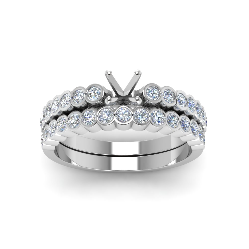 Semi Mount Shaped Bezel Engagement Ring With Matching Wedding Band with White Diamond 14K White Gold