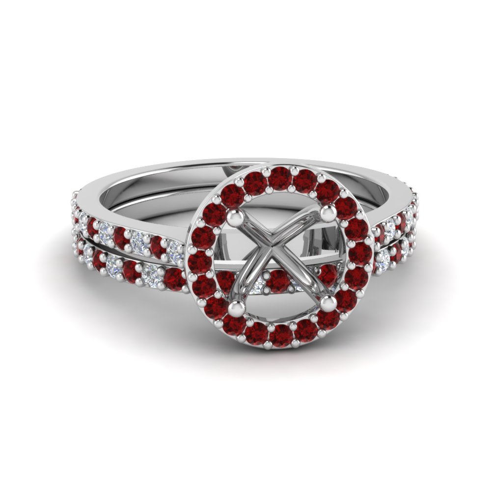 Semi Mount Double Band Halo Diamond Wedding Ring Sets With Ruby In