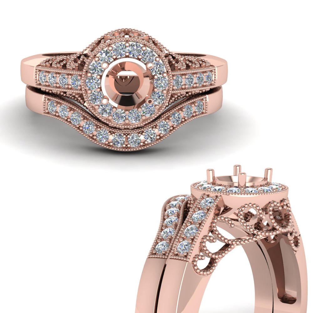Semi Mount Filigree Victorian Halo Diamond Wedding Ring