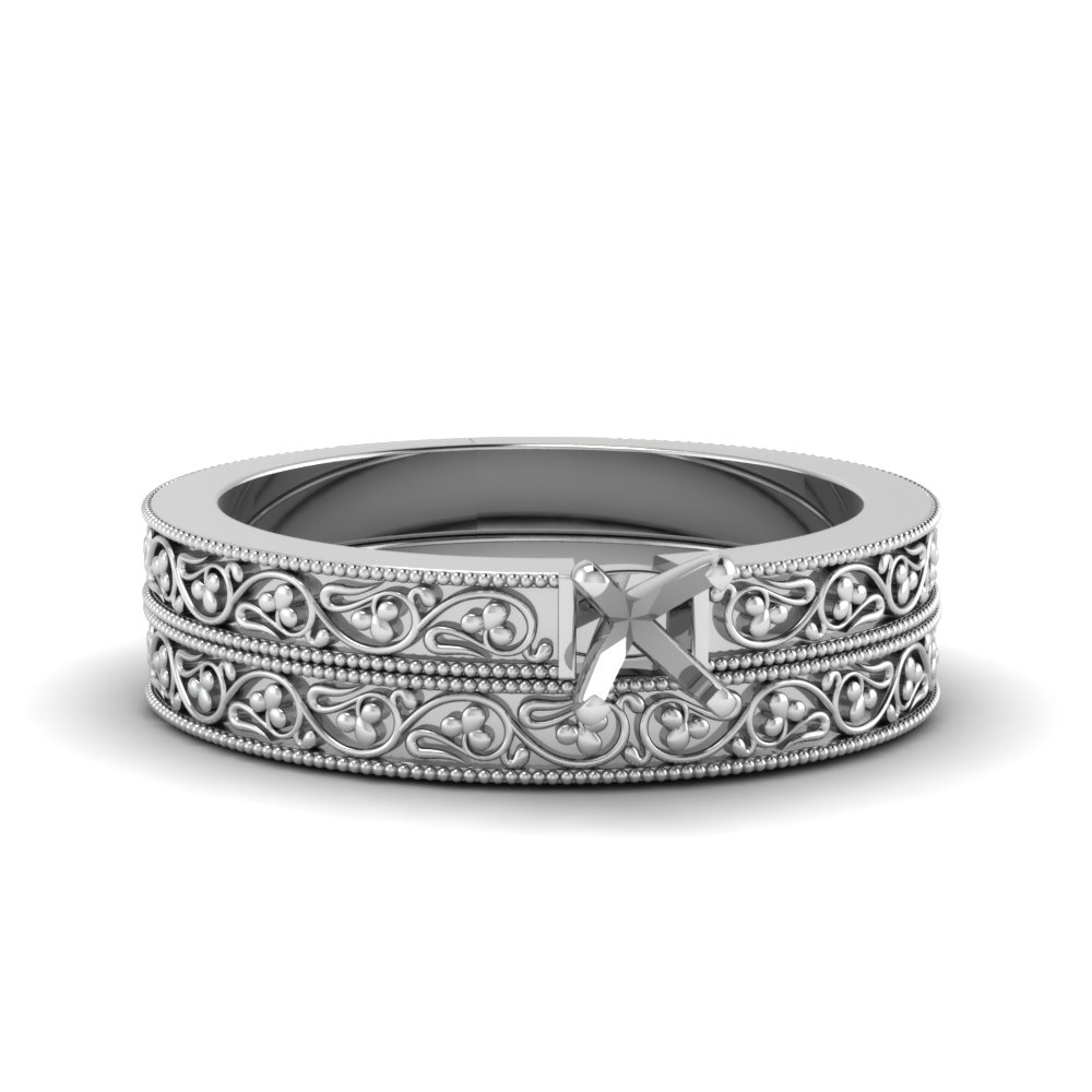 Cushion Cut Diamond Filigree Vintage Engagement Ring With Matching Band ...