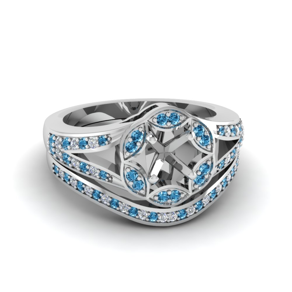 Semi Mount Floral Halo Split Diamond Wedding Ring Set With Ice Blue ...