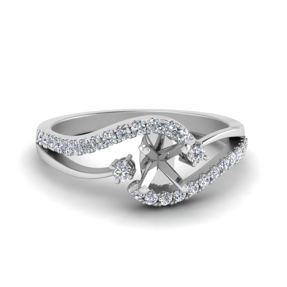 Semi Mount Swirl 3 Stone Diamond Engagement Ring In 18K White Gold ...