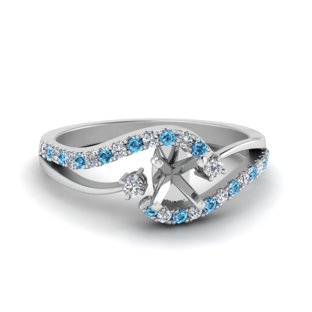 Semi Mount Swirl 3 Stone diamond Engagement Ring With Blue Topaz In 18K ...