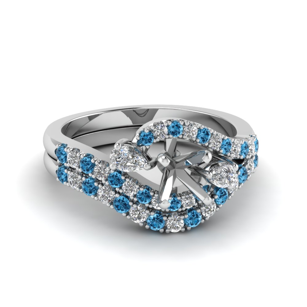 Semi Mount Swirl Halo diamond Matching Wedding Ring Sets With Blue ...