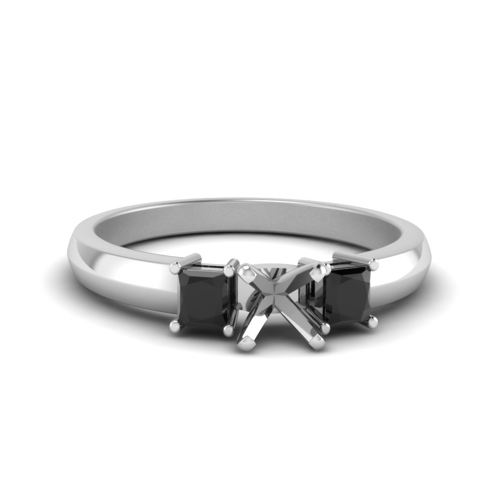 Semi Mount Shaped Glossy Basket 3 Stone Ring with Black Diamond 14K White Gold