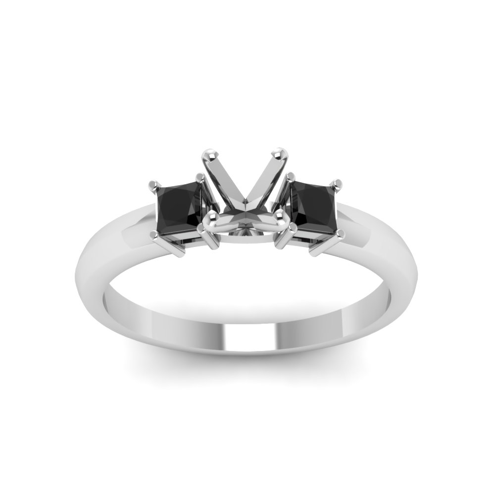 Semi Mount Shaped Glossy Basket 3 Stone Ring with Black Diamond 14K White Gold