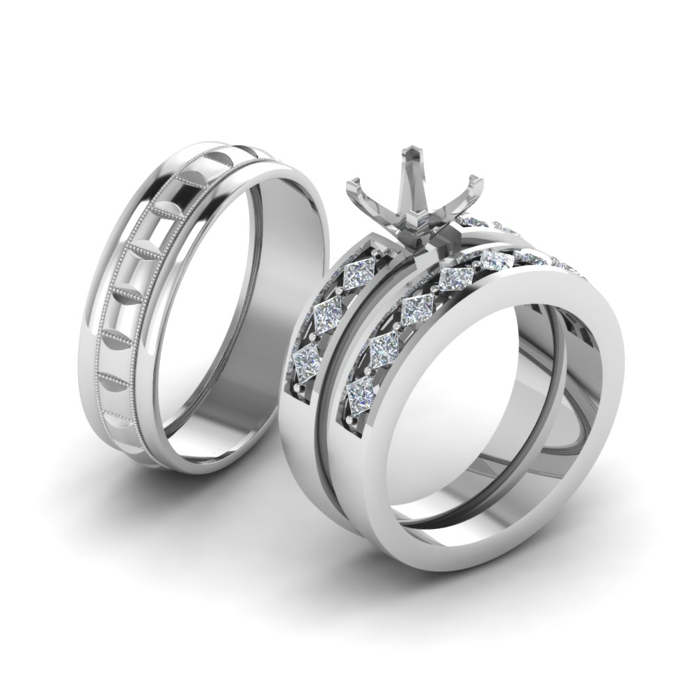 Semi Mount Trio Diamond Wedding Ring Sets For Him And Her
