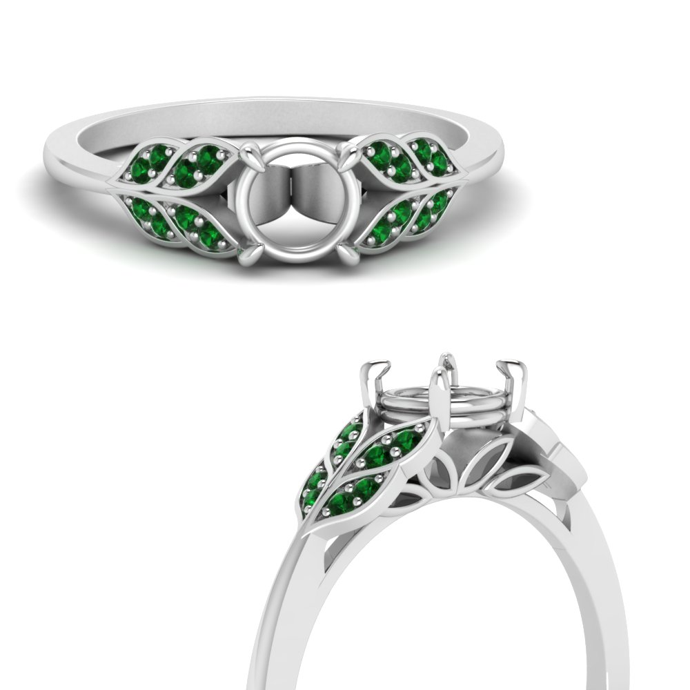 semi mount round cut vintage leaf diamond engagement ring with emerald in FD8240SMRGEMGRANGLE3 NL WG