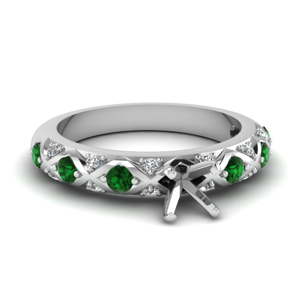 cross design semi mount cut pave diamond engagement ring with emerald in FDENS1482SMRGEMGR NL WG