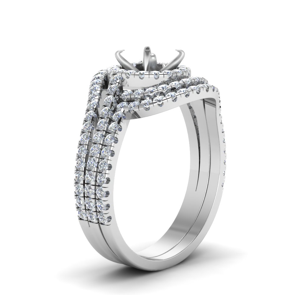 Swirl Semi Mount Diamond Halo Wedding Ring Set In 14K White Gold ...