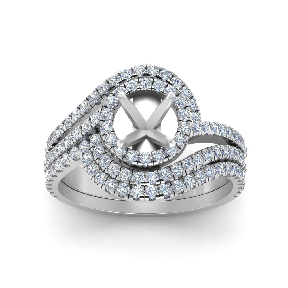 Swirl Semi Mount Diamond Halo Wedding Ring Set In 14K White Gold ...