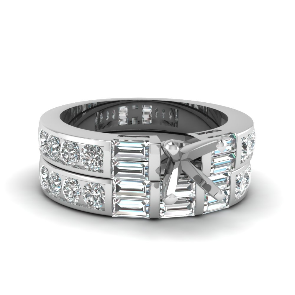 Channel Baguette Bar Semi Mount Diamond Wedding Ring Set