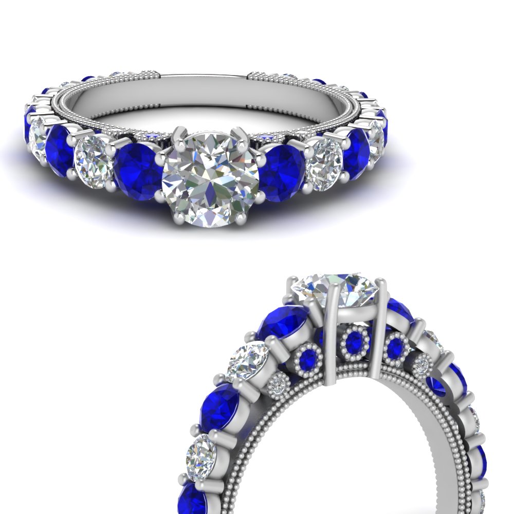 Shared Prong Diamond Graduated Engagement Ring With Sapphire In 14K ...