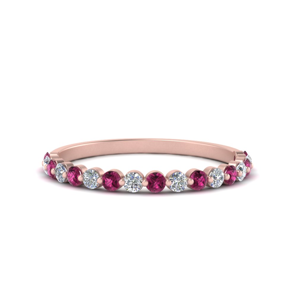 Shared Prong Half Eternity Diamond Band With Pink Sapphire In 14K Rose ...
