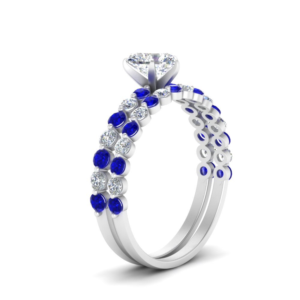 Heart Shaped  Shared Prong Engagement And Wedding Ring Set with Blue Sapphire 14K White Gold