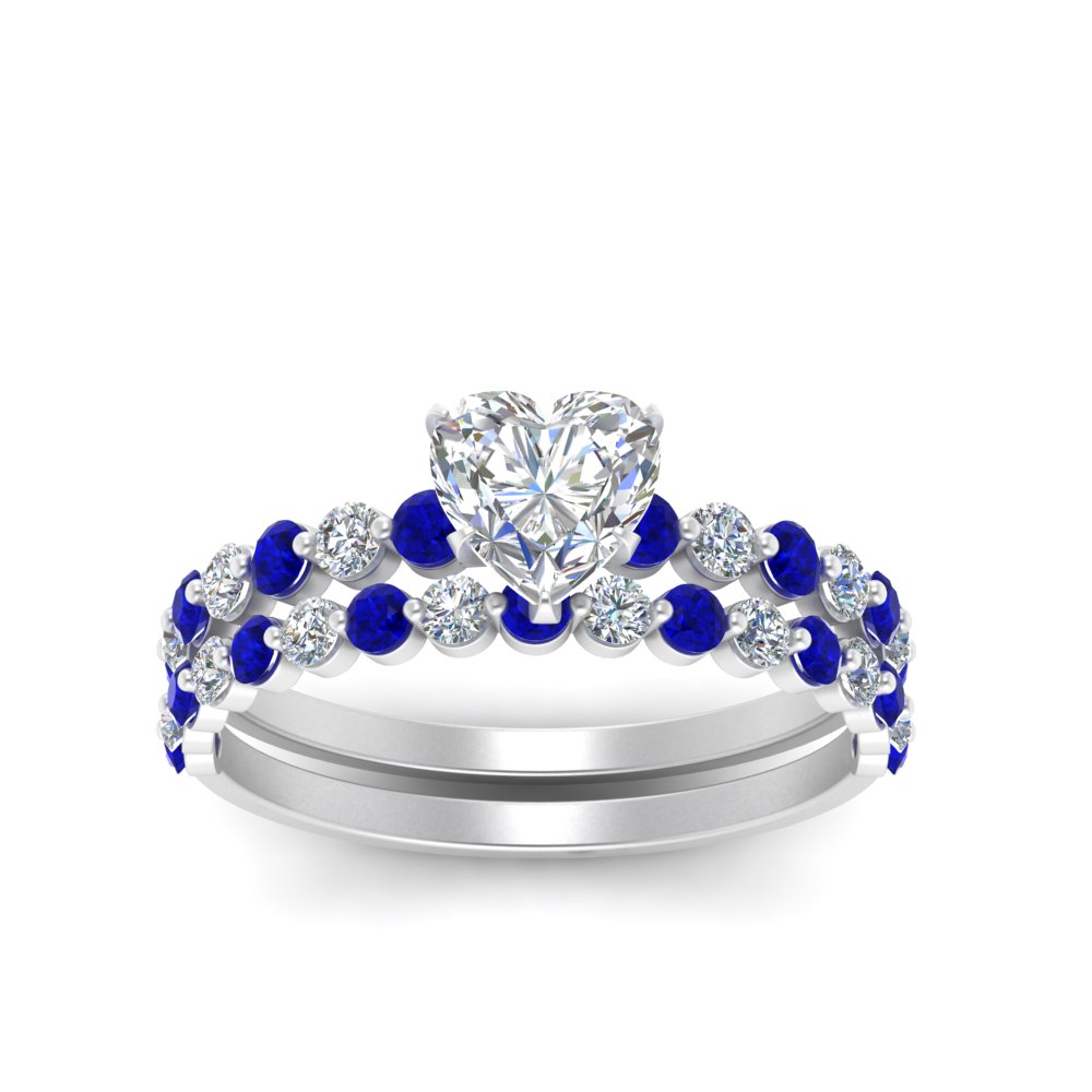 Heart Shaped  Shared Prong Engagement And Wedding Ring Set with Blue Sapphire 14K White Gold