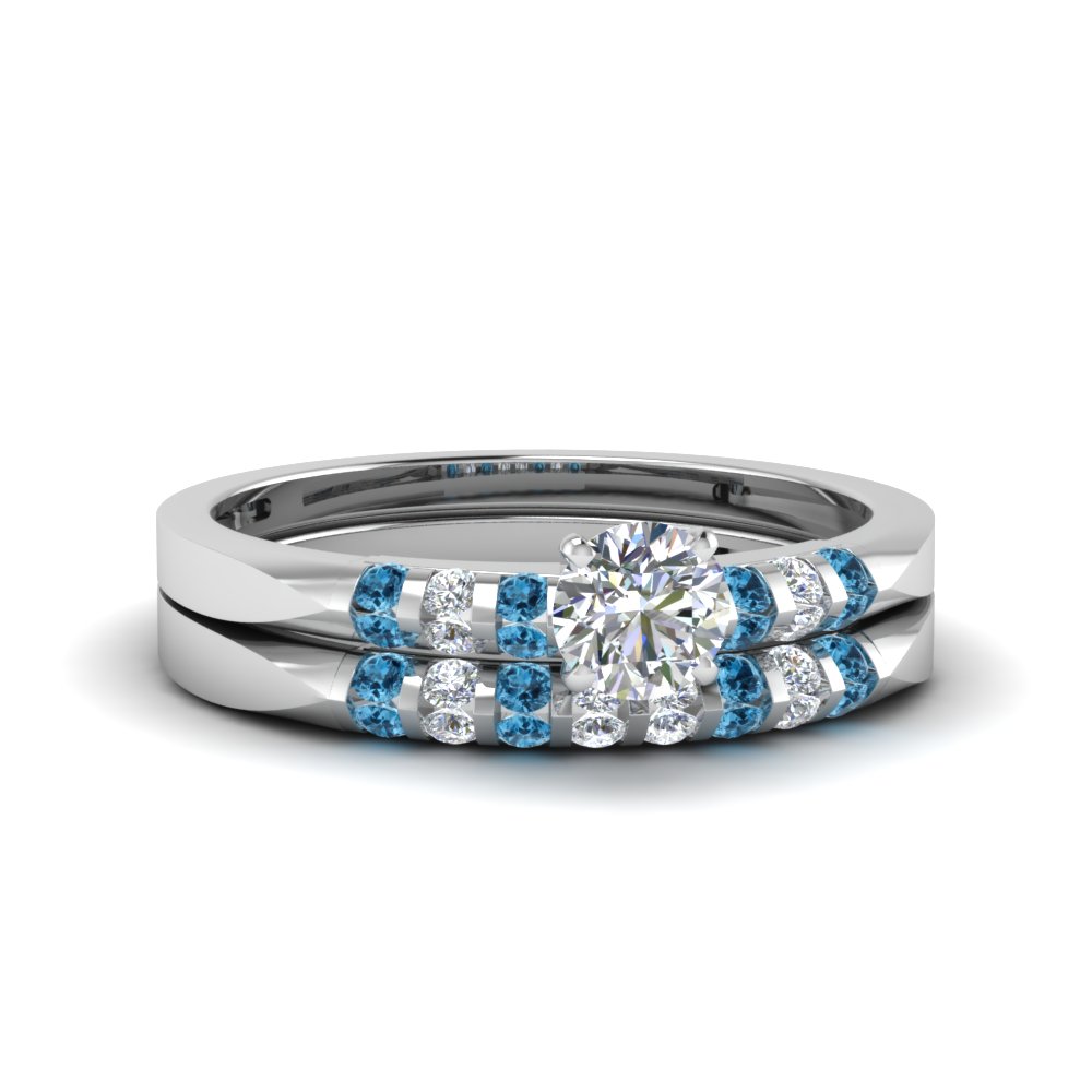 Simple 1 Carat Round Cut diamond Matching Wedding Set With Ice Blue ...