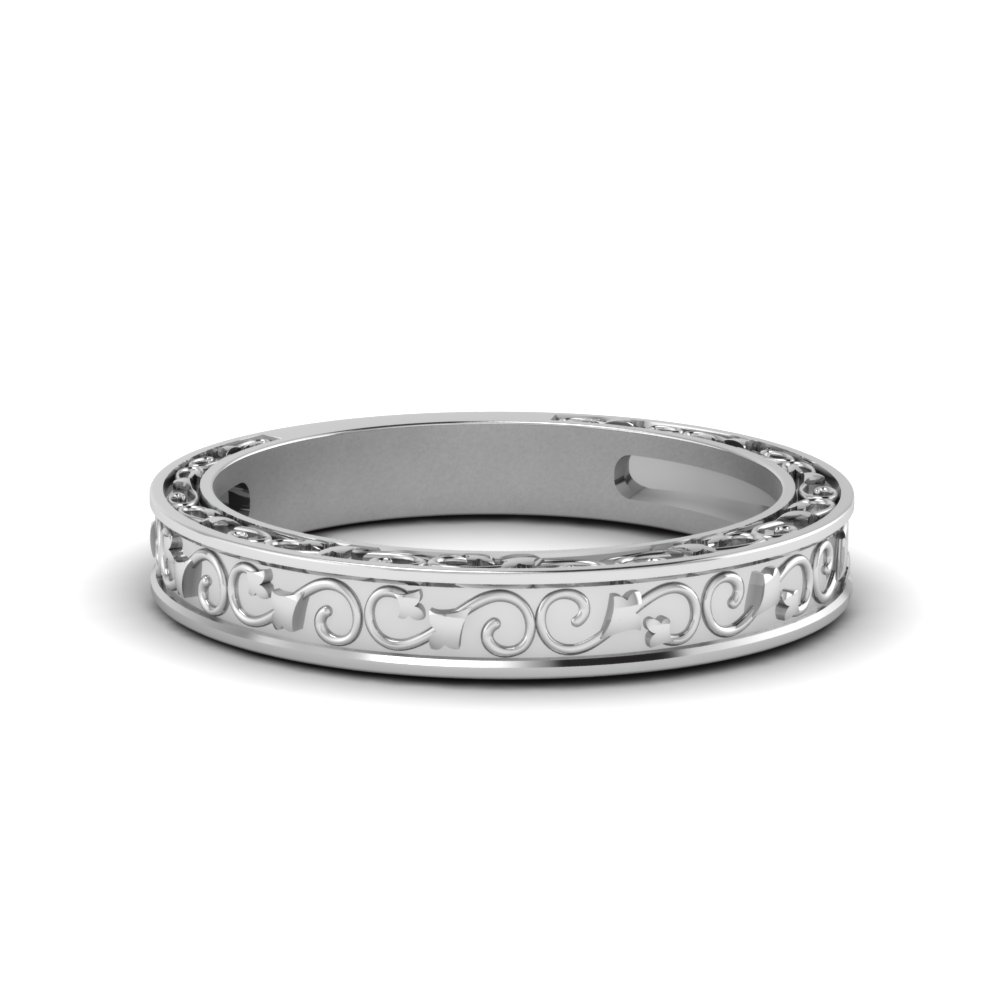 Hand Engraved Wedding Band In 14k White Gold Fascinating Diamonds