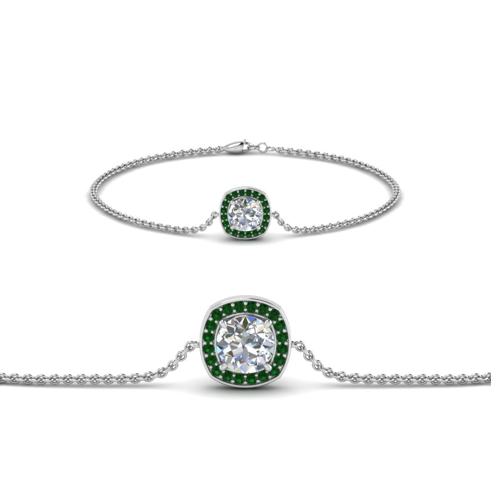 single halo round diamond bracelet with emerald in FDBRC8648GEMGR NL WG GS