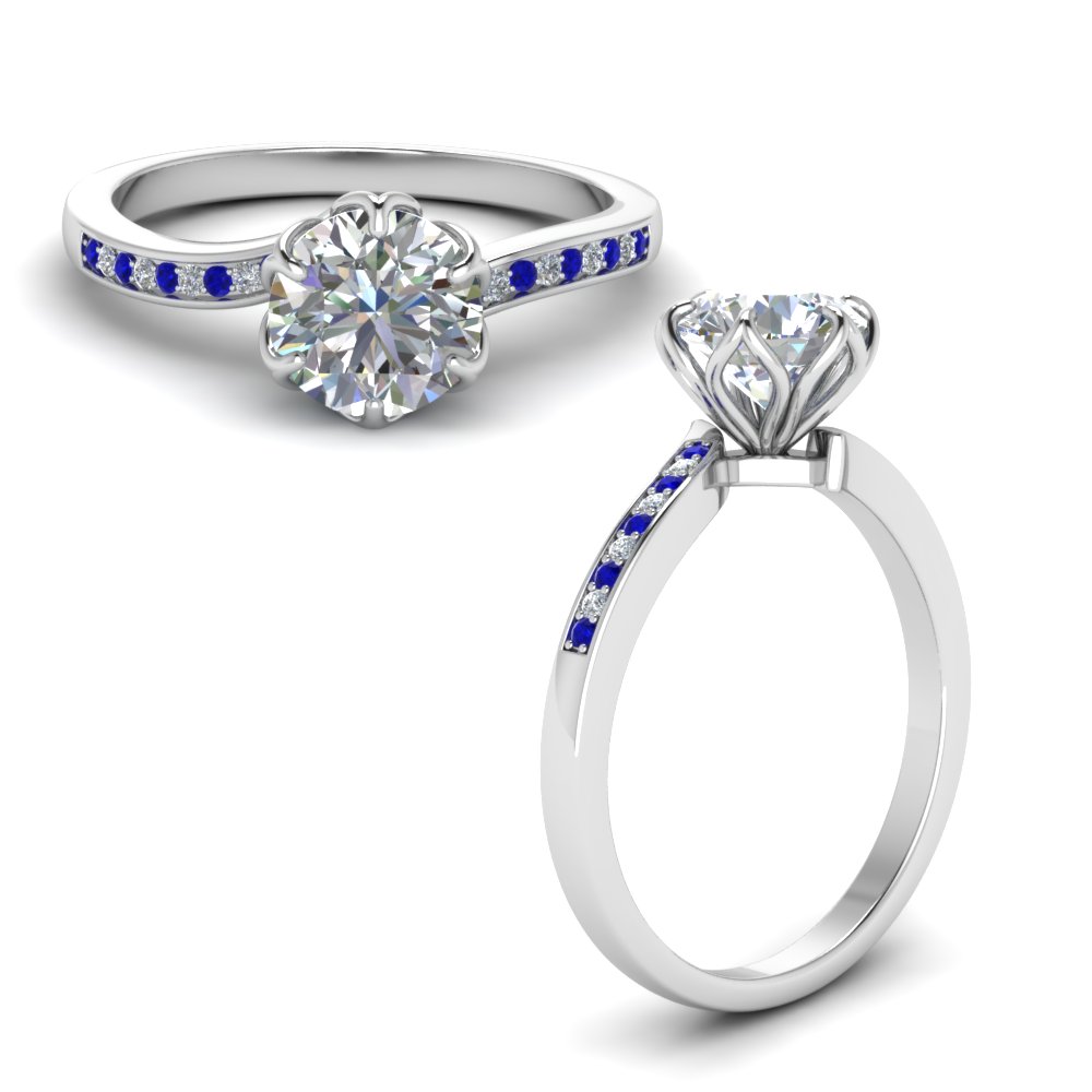 Six Prong Floral Diamond Engagement Ring With Sapphire In 14K White ...