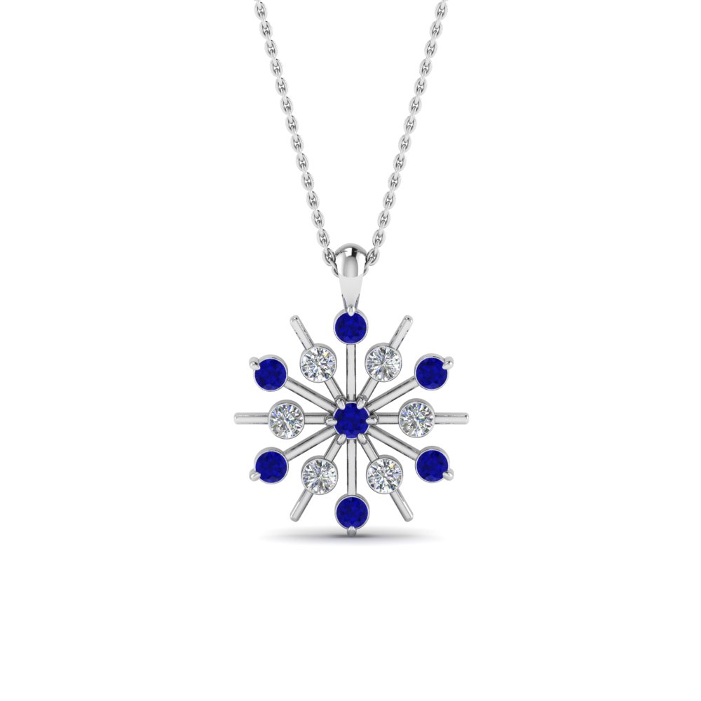 Snowflake Diamond Pendant With Sapphire In 14K White Gold | Fascinating