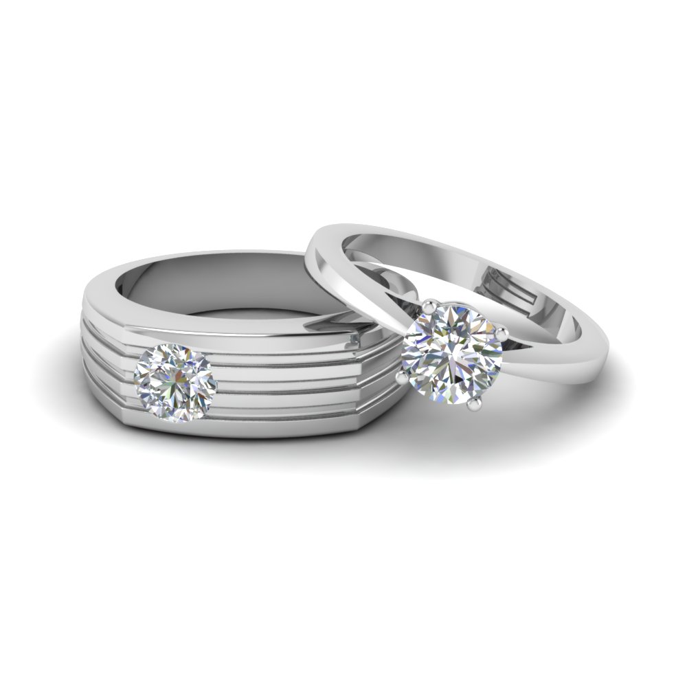 Solitaire diamond Matching Wedding Anniversary Rings For Couples In 14K ...