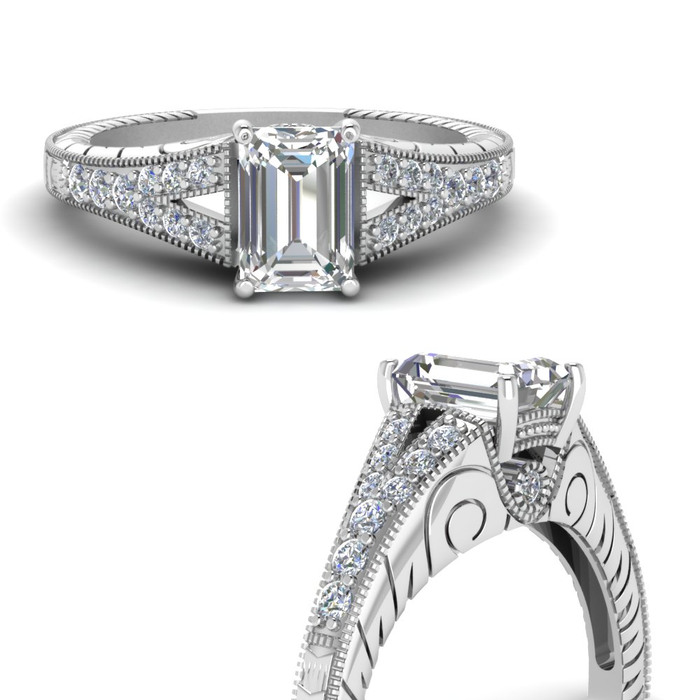 Emerald Cut Split Shank Diamond Ring