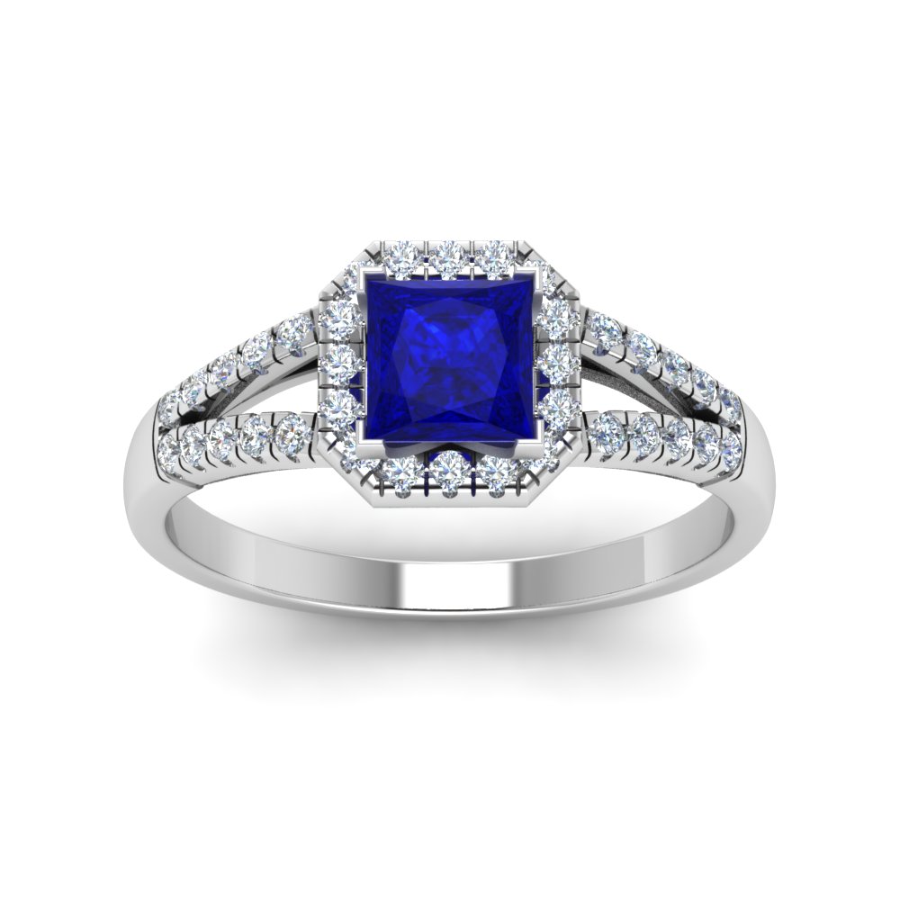 Split Shank Square Sapphire Halo Engagement Ring In 14K White Gold ...