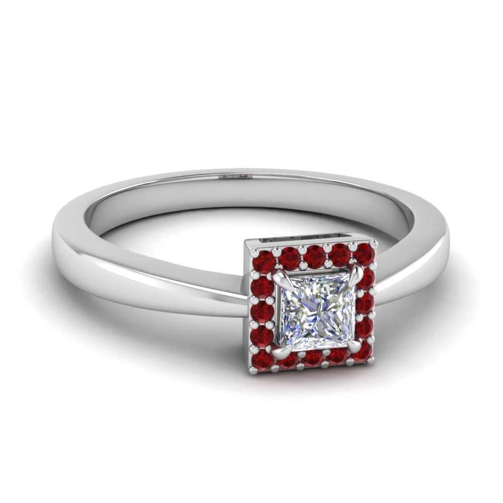 square halo diamond affordable engagement ring with ruby in 14K white gold FD1179PRRGRUDR NL WG