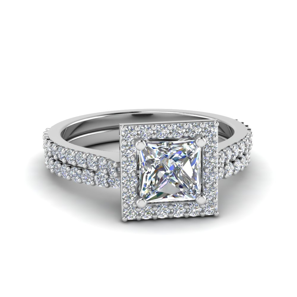 Delicate Princess Cut Halo Diamond Bridal Set In 18k White Gold Delicate Princess Cut Halo Diamond Bridal Set In 18k White Gold Fd8165pr Nl Wg