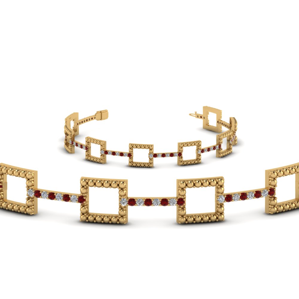 square milgrain diamond bracelet with ruby in FDOBR70335GRUDRANGLE2 NL YG