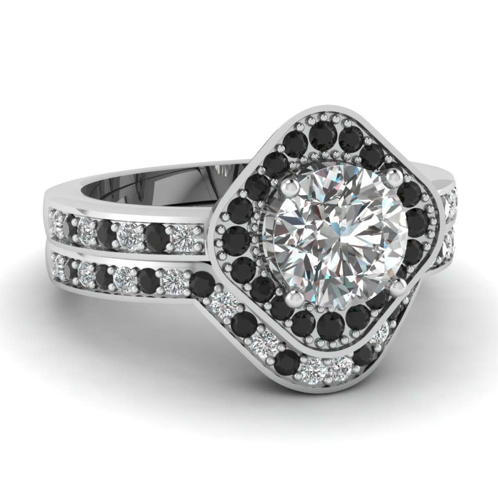 Square Round Halo Bridal Womens Wedding Ring Sets With Black Diamond