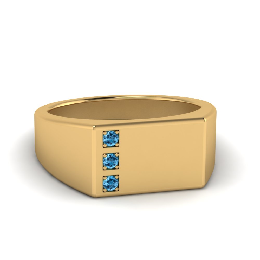 Square Three Stone Mens Blue Topaz Ring In 14K Yellow Gold ...