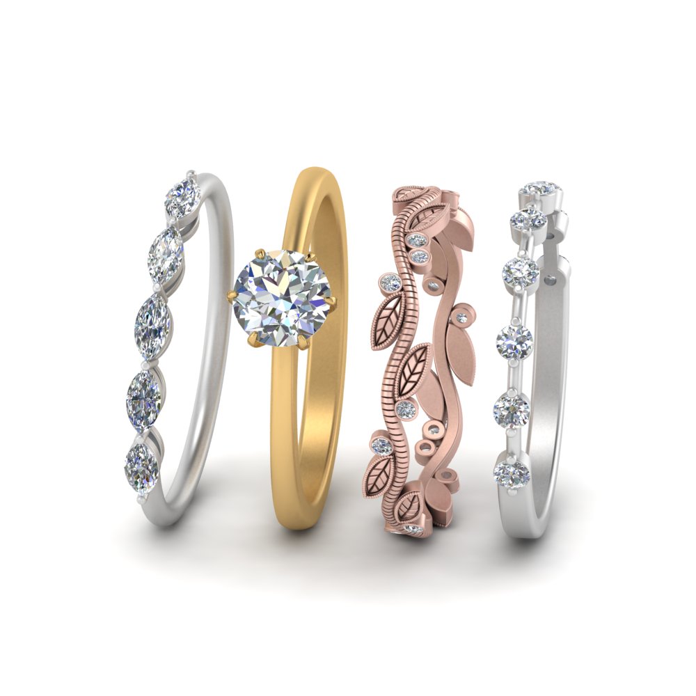 Stacked Wedding Bands With Solitaire Ring In 14K Rose Gold