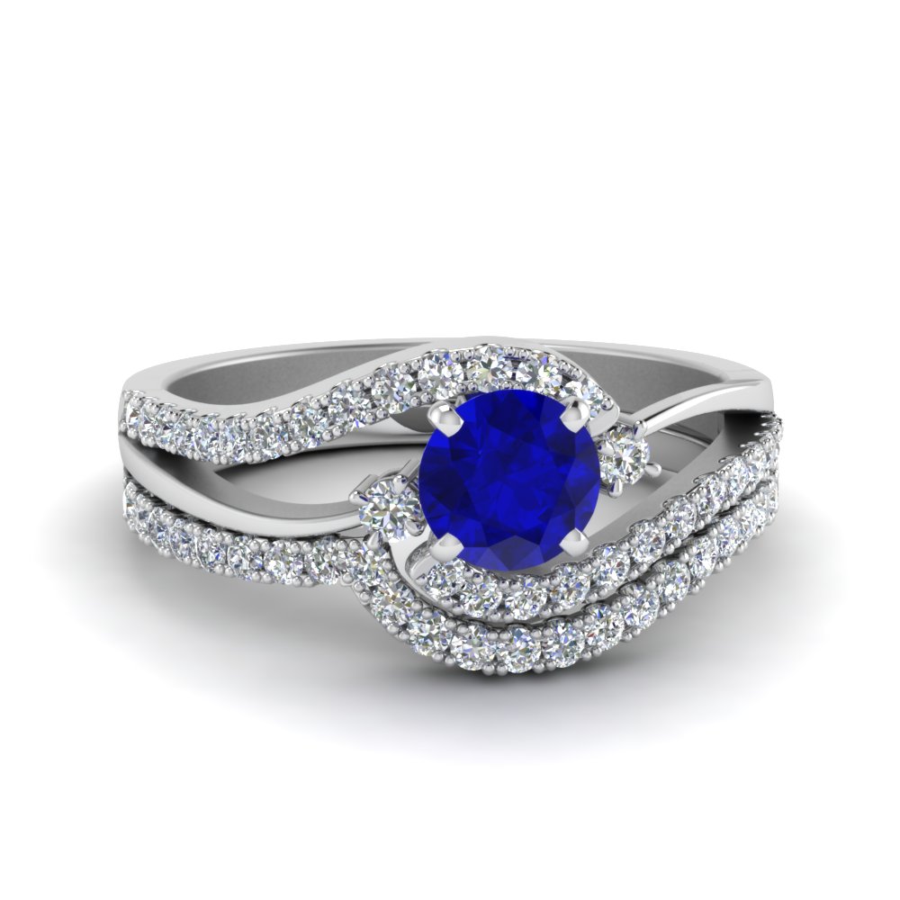 Swirl 3 Stone Sapphire Bridal Set In 14K White Gold | Fascinating Diamonds
