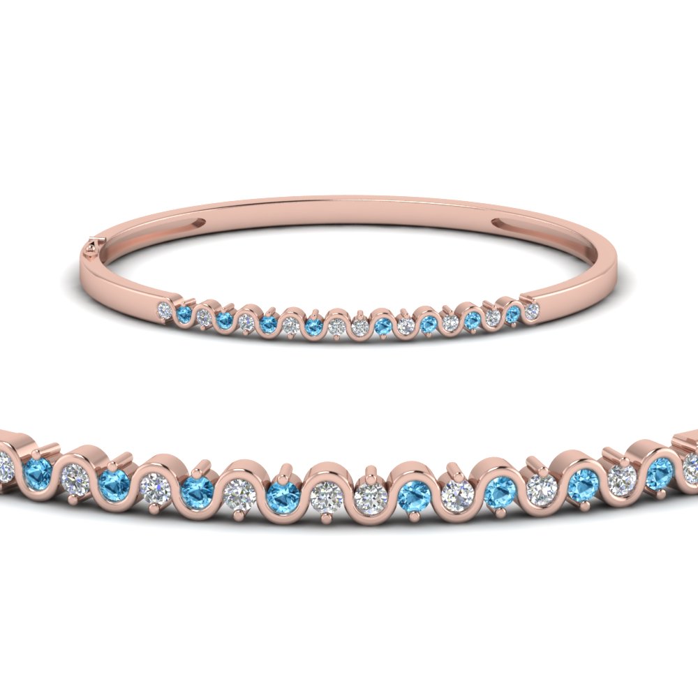 Swirl Diamond Bracelet Bangle With Blue Topaz In 14K Rose Gold