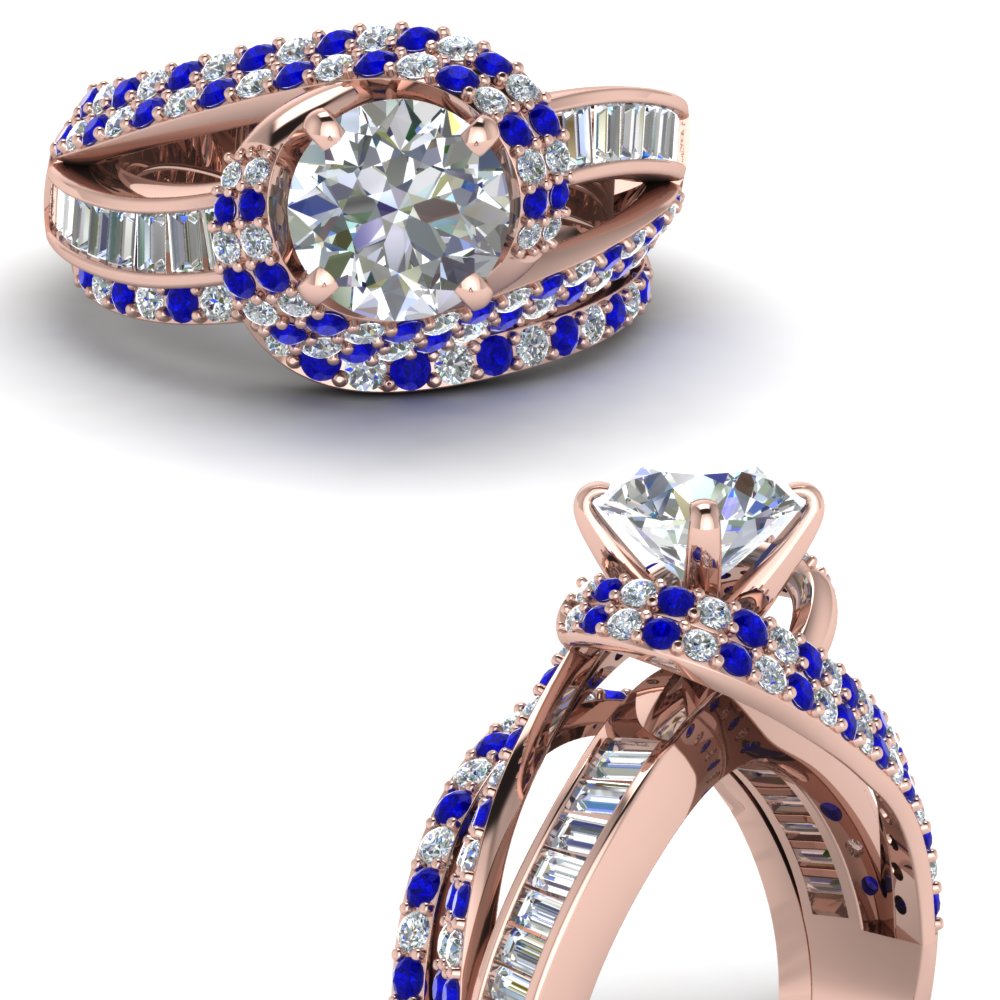 Swirl Halo Diamond And Sapphire Bridal Set With Baguette