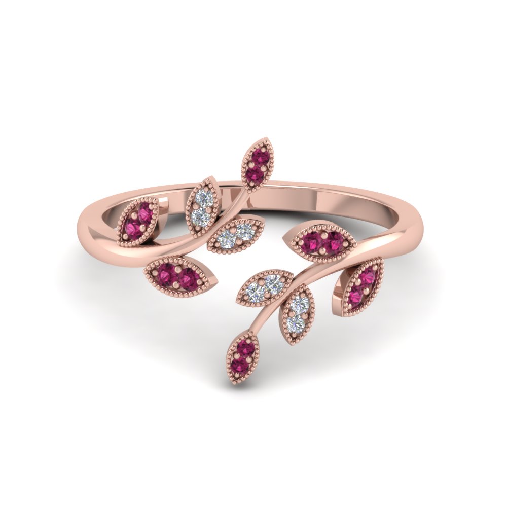 Swirl Leaf Promise Diamond Ring With Pink Sapphire In 18K Rose Gold