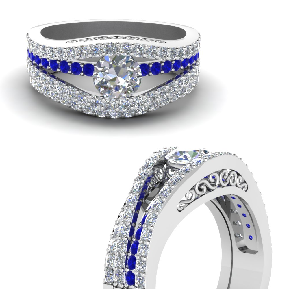 Tension Set Crossover Diamond Wedding Ring Set With Sapphire In 14K