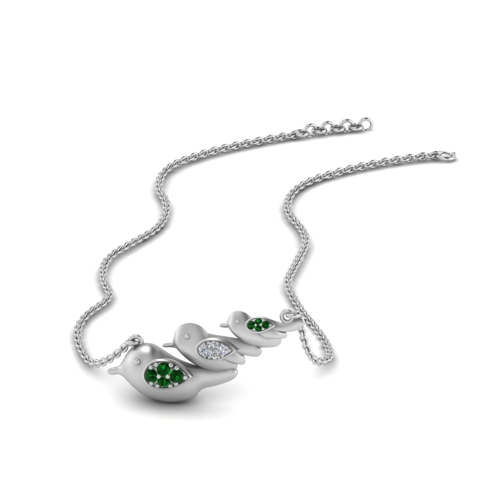 three bird diamond necklace for mom with emerald in FDPD8907GEMGR NL WG
