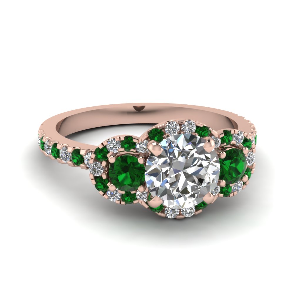 three round halo diamond engagement rings with emerald in 18K rose gold FDENS3179RORGEMGR NL RG