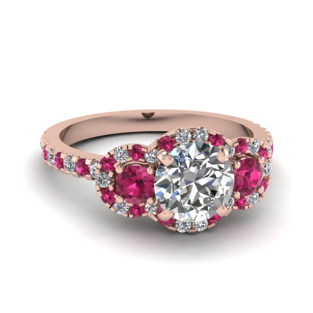 Delicate 3 Stone Halo Diamond Engagement Ring With Pink Shire In Delicate 3 Stone Halo Diamond Engagement Ring With Pink Shire In Fdens3179rorgsadrpi Nl Rg