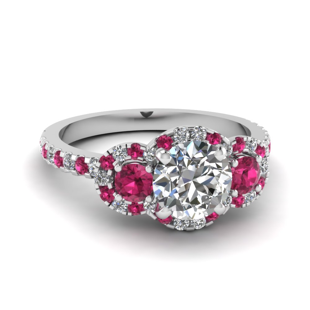 Delicate 3 Stone Halo Diamond Engagement Ring With Pink Shire In Delicate 3 Stone Halo Diamond Engagement Ring With Pink Shire In Fdens3179rorgsadrpi Nl Wg