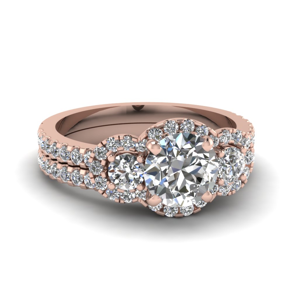 delicate 3 stone halo diamond wedding set in 14K rose gold FDENS3179RO NL RG