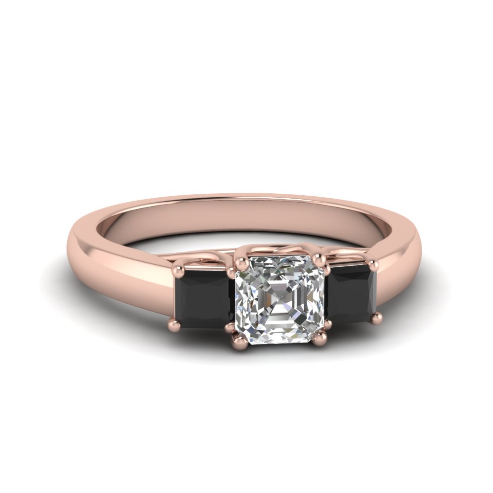 Asscher Shaped Trellis 3 stone Princess Cut Ring with Black Diamond in 14K Rose Gold