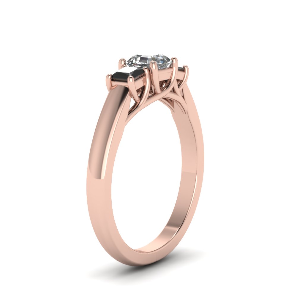 Asscher Shaped Trellis 3 stone Princess Cut Ring with Black Diamond in 14K Rose Gold