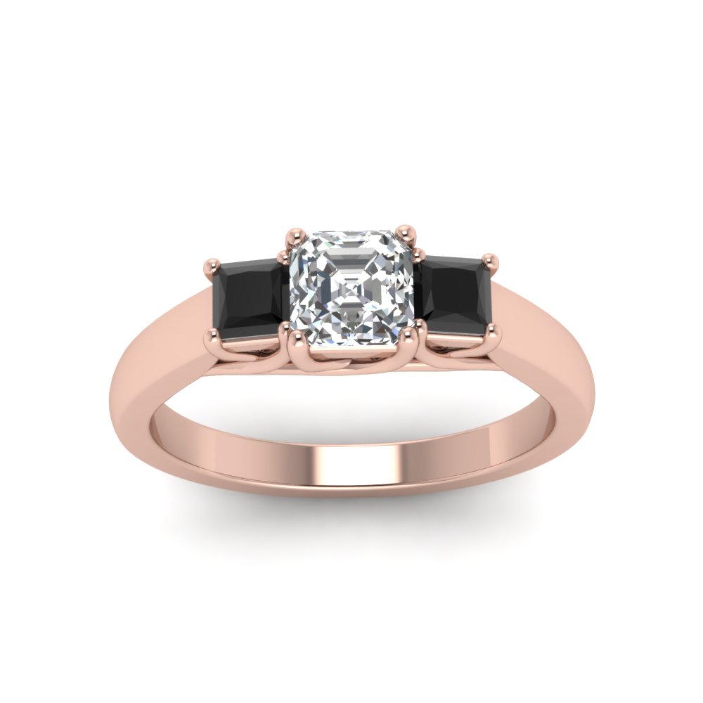 Asscher Shaped Trellis 3 stone Princess Cut Ring with Black Diamond in 14K Rose Gold