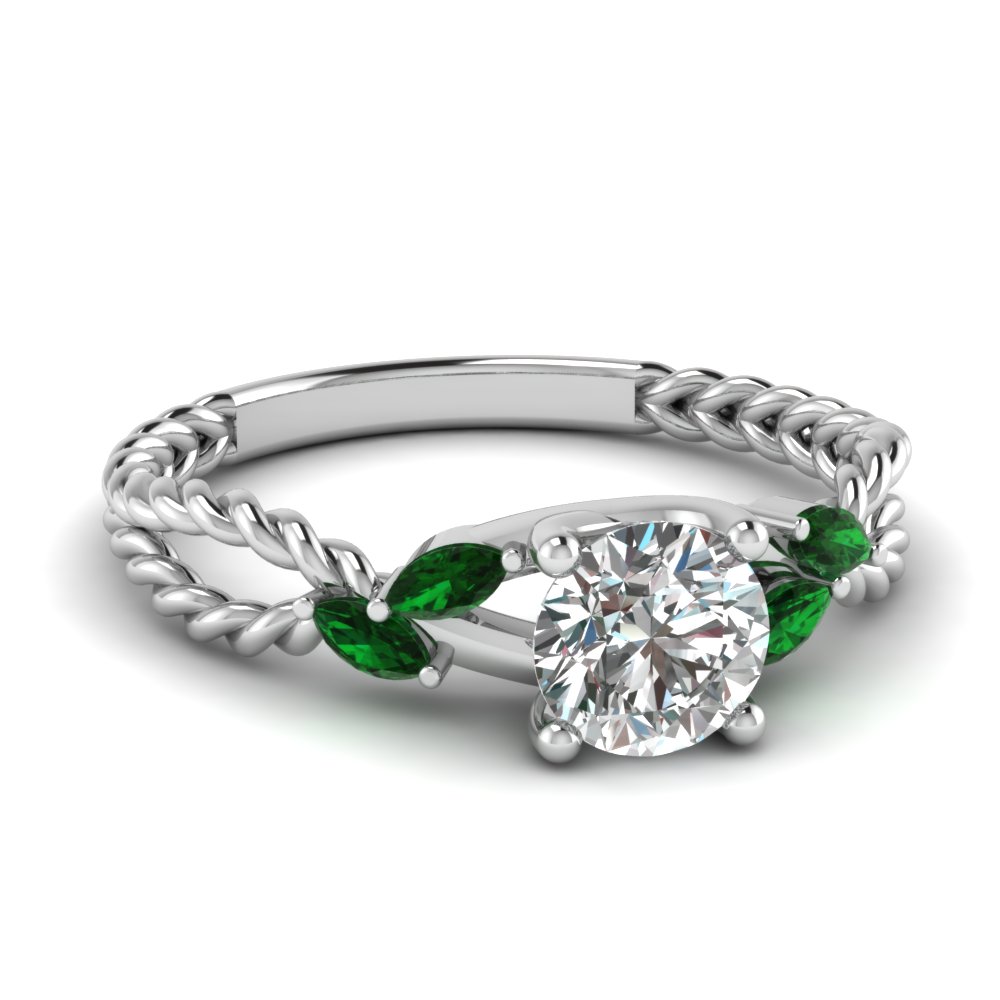 trellis round bud diamond engagement ring nature inspired jewelry with green emerald in 14k white gold - Emerald Wedding Rings trellis round bud diamond engagement ring nature inspired jewelry with green emerald in 14k white gold - Emerald Wedding Rings