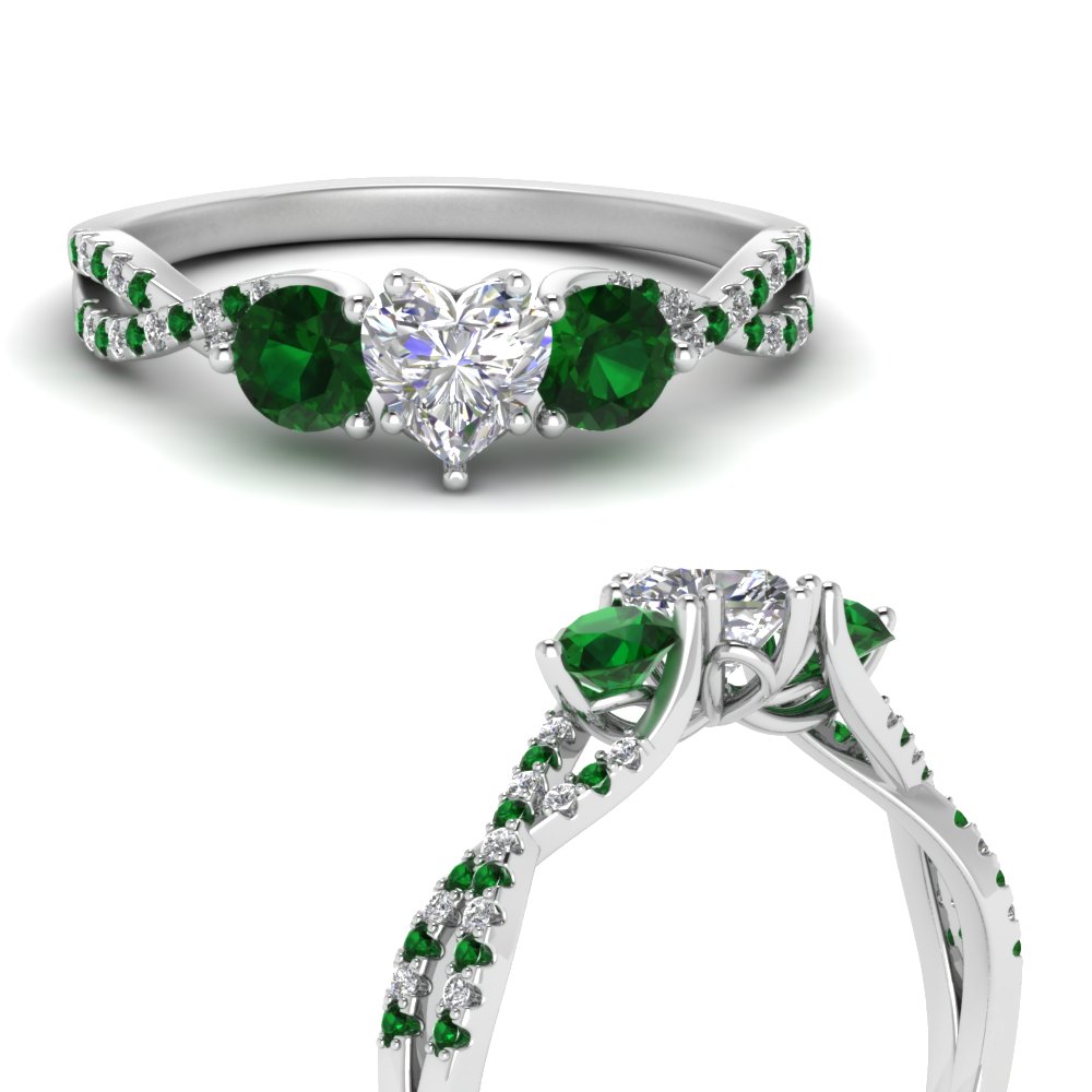 trellis twisted 3 stone heart shaped lab diamond ring with emerald in FD10257HTRGEMGRANGLE3 NL WG