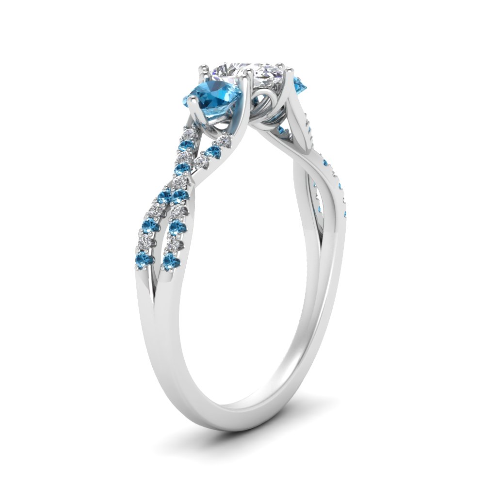 Pear Shaped Trellis Twisted 3 Stone Ring with Ice Blue Topaz in 14K White Gold